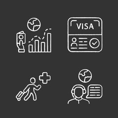 Immigration chalk icons set. Migration rate, start up visa. Humanitarian immigrant, travel consultant. Trip advisor. Tourist document. Travelling abroad. Isolated vector chalkboard illustrations