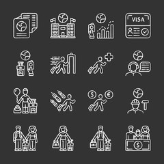 Immigration chalk icons set. Travel abroad. Security check. Trip planning, holiday vacation organization. Refugee help, migrant protection. Travel equipment. Isolated vector chalkboard illustrations