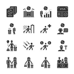 Immigration glyph icons set. Travel abroad. Trip planning, holiday vacation organization. Refugee help, migrant protection. Travel equipment. Silhouette symbols. Vector isolated illustration