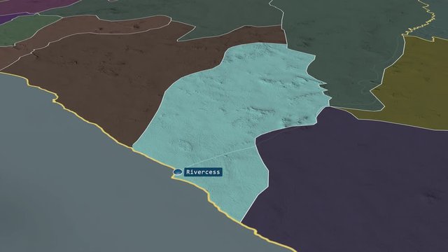 River Cess - county of Liberia with its capital zoomed on the administrative map of the globe. Animation 3D