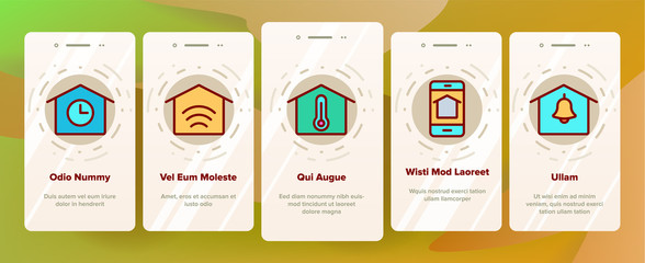 Smart Home Onboarding Mobile App Page Screen Set Vector. Control, Camera, Light Settings And Humidity Smart House Device Linear Pictograms. Automation Monitoring Contour Illustrations