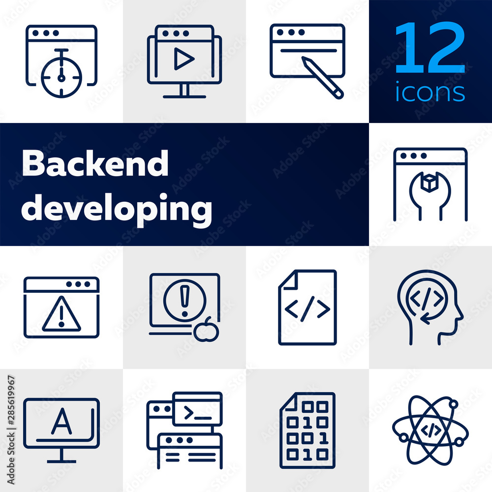 Poster backend developing line icon set. set of line icons on white background. technology concept. program