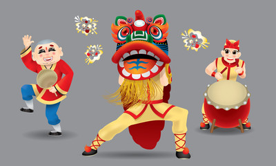 Happy men performing traditional Chinese lion dance. Isolated. With different colors.