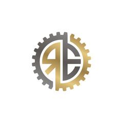 Initial letter R and E, RE, interlock cogwheel gear logo, black gold on white background