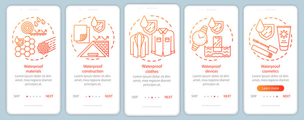 Naklejka premium Waterproof produce onboarding mobile app page screen with linear concepts. Moisture resistant material, cosmetics walkthrough steps graphic instructions. UX, UI, GUI vector template with illustrations