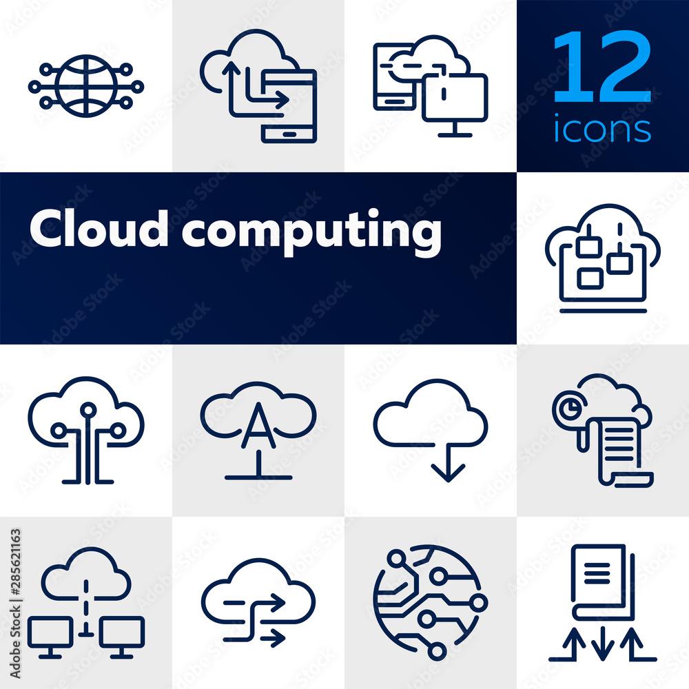 Poster cloud computing line icon set. set of line icons on white background. programming concept. system, s