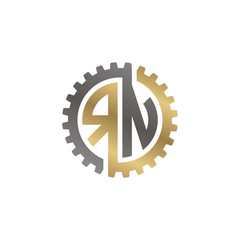 Initial letter R and N, RN, interlock cogwheel gear logo, black gold on white background
