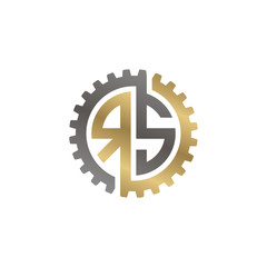 Initial letter R and S, RS, interlock cogwheel gear logo, black gold on white background