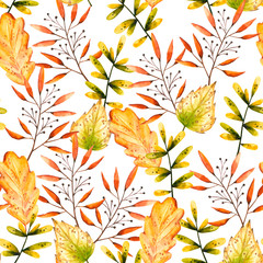 Seamless pattern with watercolor sprigs, oak and birch leaves, berries. Illustration isolated on white. Hand drawn autumn items perfect for wallpaper, vintage design, poster, fabric textile