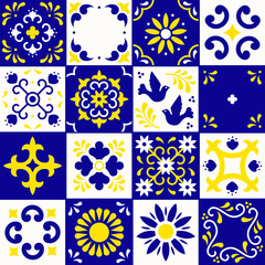 Mexican talavera pattern. Ceramic tiles with flower, leaves and bird ornaments in traditional style from Puebla. Mexico floral mosaic in blue, yellow and white. Folk art design. - 285622985