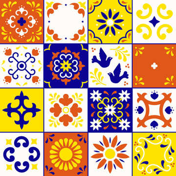 Mexican talavera pattern. Ceramic tiles with flower, leaves and bird ornaments in traditional style from Puebla. Mexico floral mosaic in blue, terracotta, yellow and white. Folk art design.