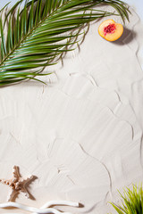 Fototapeta na wymiar Beach vacation. A palm leaf, starfish, and white tree branch and juicy fruits lie on white fine sand. Desktop wallpaper.