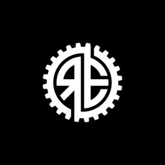 Initial letter R and E, RE, interlock cogwheel gear monogram logo, white color on black background