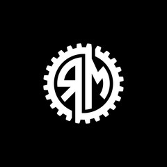 Initial letter R and M, RM, interlock cogwheel gear monogram logo, white color on black background