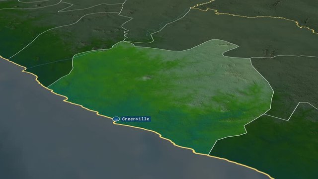 Sinoe - county of Liberia with its capital zoomed on the physical map of the globe. Animation 3D