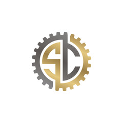 Initial letter S and C, SC, interlock cogwheel gear logo, black gold on white background
