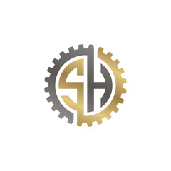 Initial letter S and H, SH, interlock cogwheel gear logo, black gold on white background