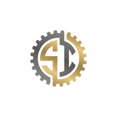 Initial letter S and I, SI, interlock cogwheel gear logo, black gold on white background