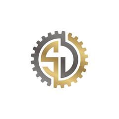 Initial letter S and J, SJ, interlock cogwheel gear logo, black gold on white background