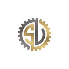 Initial letter S and U, S and V, SU, SV, interlock cogwheel gear logo, black gold on white background