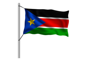 Waving southern Sudan flag on flagpole on isolated background, flag of southern Sudan, vector illustration