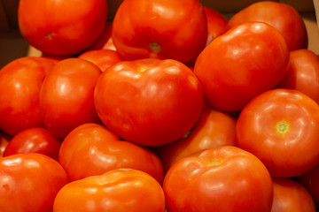 Red fresh tomatoes on a market counter, background wallpaper