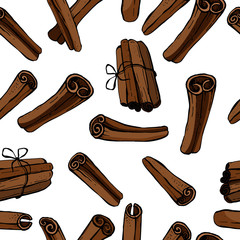 Cinnamon illustration isolated on white background, Hand drawn seamless pattern. Design food, Organic spice ingredient for healthy market, restaurant menu, aromatherapy. Vector art.