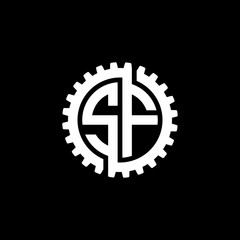 Initial letter S and F, SF, interlock cogwheel gear monogram logo, white color on black background