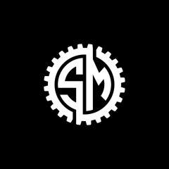 Initial letter S and M, SM, interlock cogwheel gear monogram logo, white color on black background