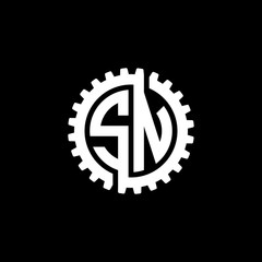 Initial letter S and N, SN, interlock cogwheel gear monogram logo, white color on black background