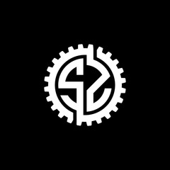 Initial letter S and Z, SZ, interlock cogwheel gear monogram logo, white color on black background