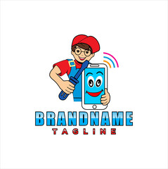 Smartphone Mobile Repair Service Logo Icon  or Mechanic App Cartoon Character Mascot vector illustration . kids Smartphone Repair Logo Design