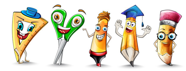 School supplies Cartoon characters set collection Vector watercolor. Notebook pen and ruler funny characters illustration watercolor styles