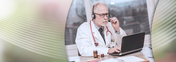 Portrait of doctor during online medical consultation; panoramic banner