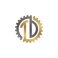 Initial letter T and D, T and O, TD, TO, interlock cogwheel gear logo, black gold on white background