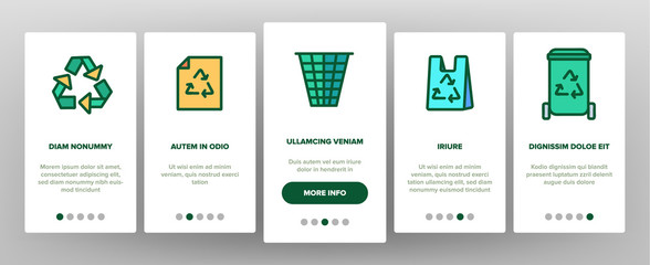 Recycling Onboarding Mobile App Page Screen Vector. Recycling Sign On Location GPS Mark And File, Waste Basket And Laptop Monitor Linear Pictograms. Dumptruck Monochrome Contour Illustrations
