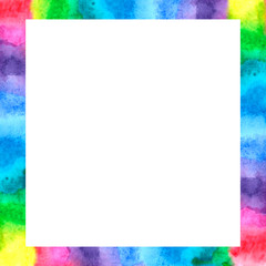 Square bright color rainbow frame made of abstract watercolor spots. For decoration of images, photos. Expresses happiness and joy. It's hand-painted.