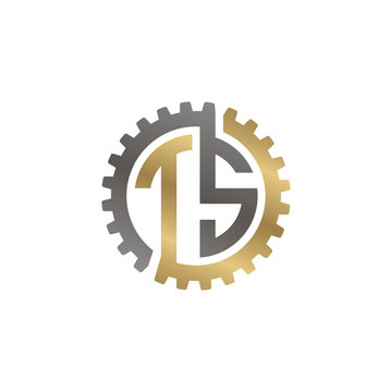 Initial letter T and S, TS, interlock cogwheel gear logo, black gold on white background