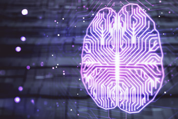Brain drawing hologram with abstract background. Multi exposure. Data technology concept.
