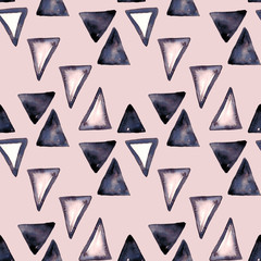 Watercolor illustration of a minimalistic scandinian dark black and blue triangles pattern. Hand drawn isolated on a powder pink background.