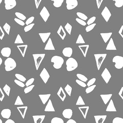 Fototapeta na wymiar Watercolor illustration pattern minimalistic scandinavian plain white triangles, rhombuses, stripes, circles. Hand drawn isolated on a light gray background.