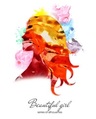 Naklejka na ściany i meble Watercolor beautiful girl silhouette. Watercolor illustration of the design of a female beauty salon