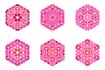 Isolated ornate floral ornament hexagon symbol set - ornamental colorful geometric vector graphic designs