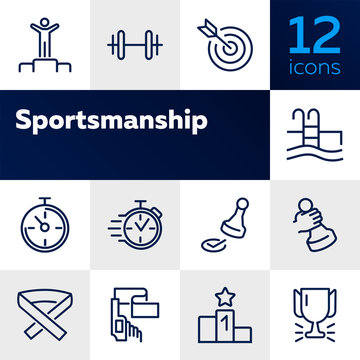 Sportsmanship Line Icon Set. Swimming Pool, Winner, Weight Barrel. Sport Concept. Can Be Used For Topics Like Fitness, Leadership, Healthy Lifestyle