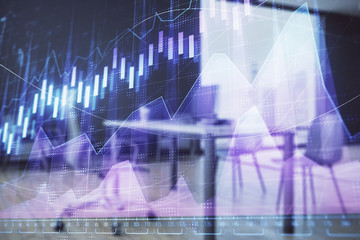 Business theme graph hologram with minimalistic cabinet interior background. Double exposure. Stock...
