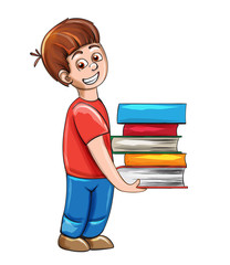 Boy holding a bunch of books Vector. Smiling school boy happy emotions