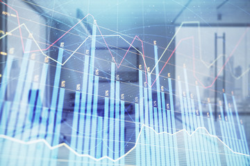 Business theme graph hologram with minimalistic cabinet interior background. Double exposure. Stock market concept.