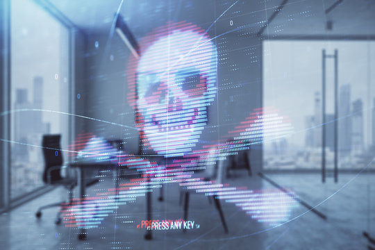 Cyber piracy hologram with minimalistic cabinet interior background. Double exposure. Hacking concept.