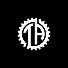 Initial letter T and A, TA, interlock cogwheel gear monogram logo, white color on black background