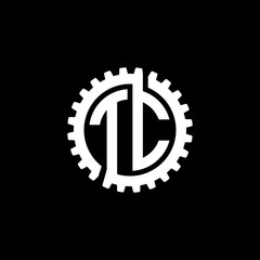 Initial letter T and C, TC, interlock cogwheel gear monogram logo, white color on black background